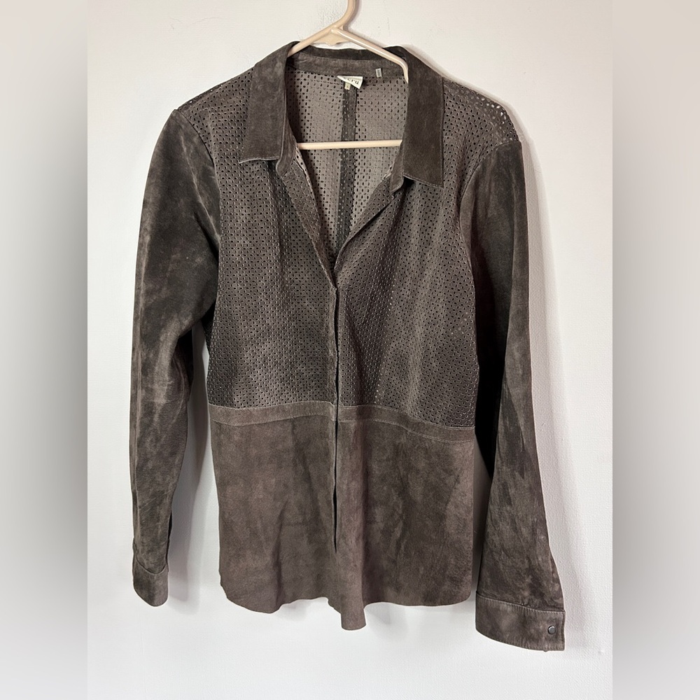 ECRU Brown Suede Perforated Button Down Overshirt Shacket Boho Western | Size L - Picture 3 of 16